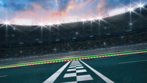 Asphalt,Racing,Track,Finish,Line,Side,View,With,Cheering,Fans