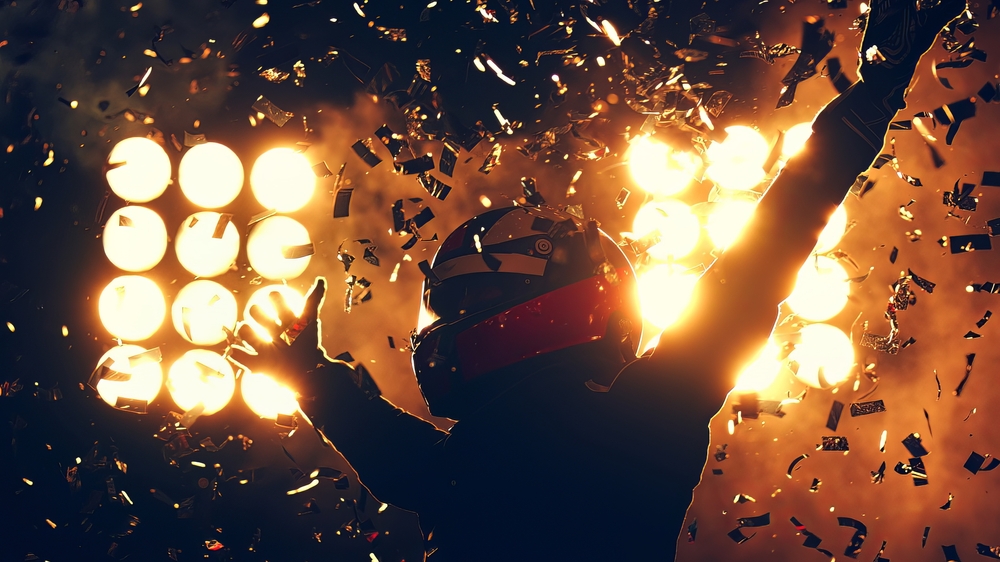 Silhouette,Of,Race,Car,Driver,Celebrating,The,Win,In,A